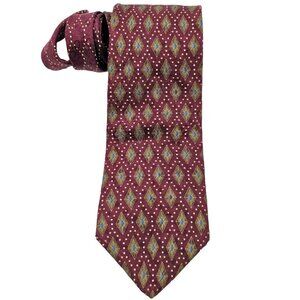 Men's Nautica 100% Silk Pointed Tie Burgundy, Gold & Blue Diamond Design